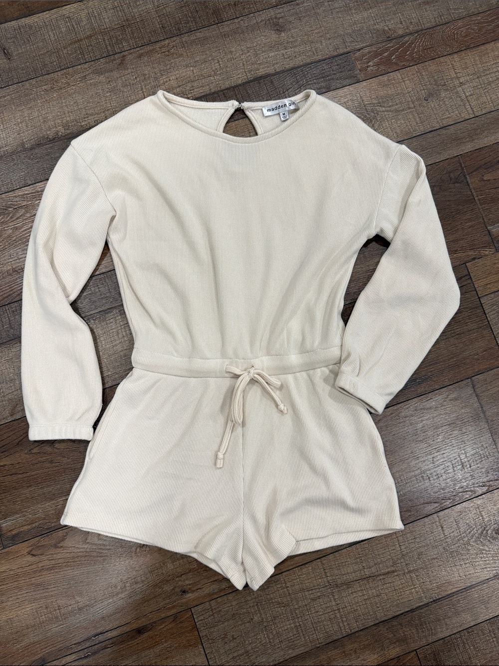 Madden Girl Cream Ribbed Long-Sleeve Knit Romper with Tie Waist